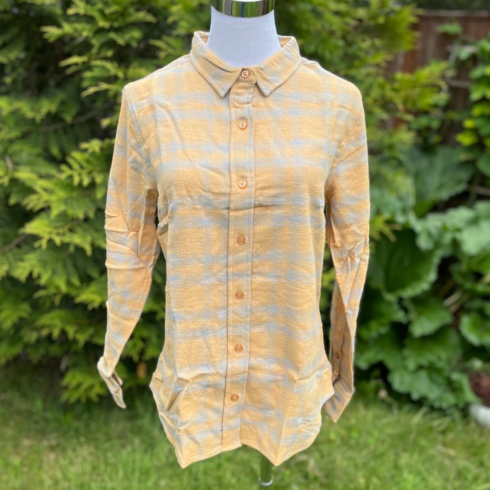 Wildfang Essential Long Sleeve Flannel Button Up Mustard Yellow Plaid WN7401/X S
